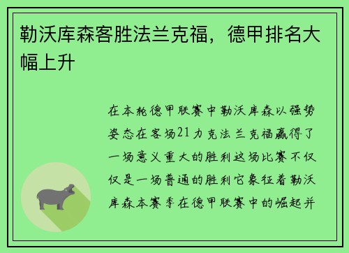 勒沃库森客胜法兰克福，德甲排名大幅上升