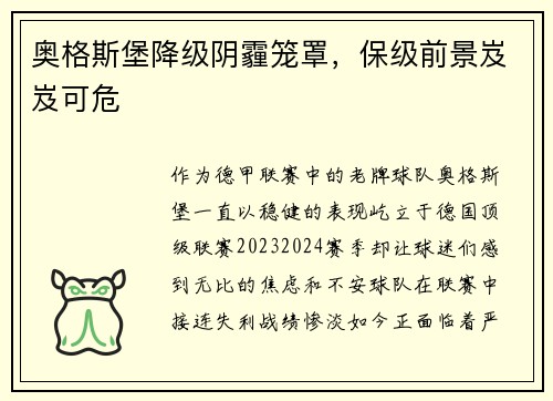奥格斯堡降级阴霾笼罩，保级前景岌岌可危